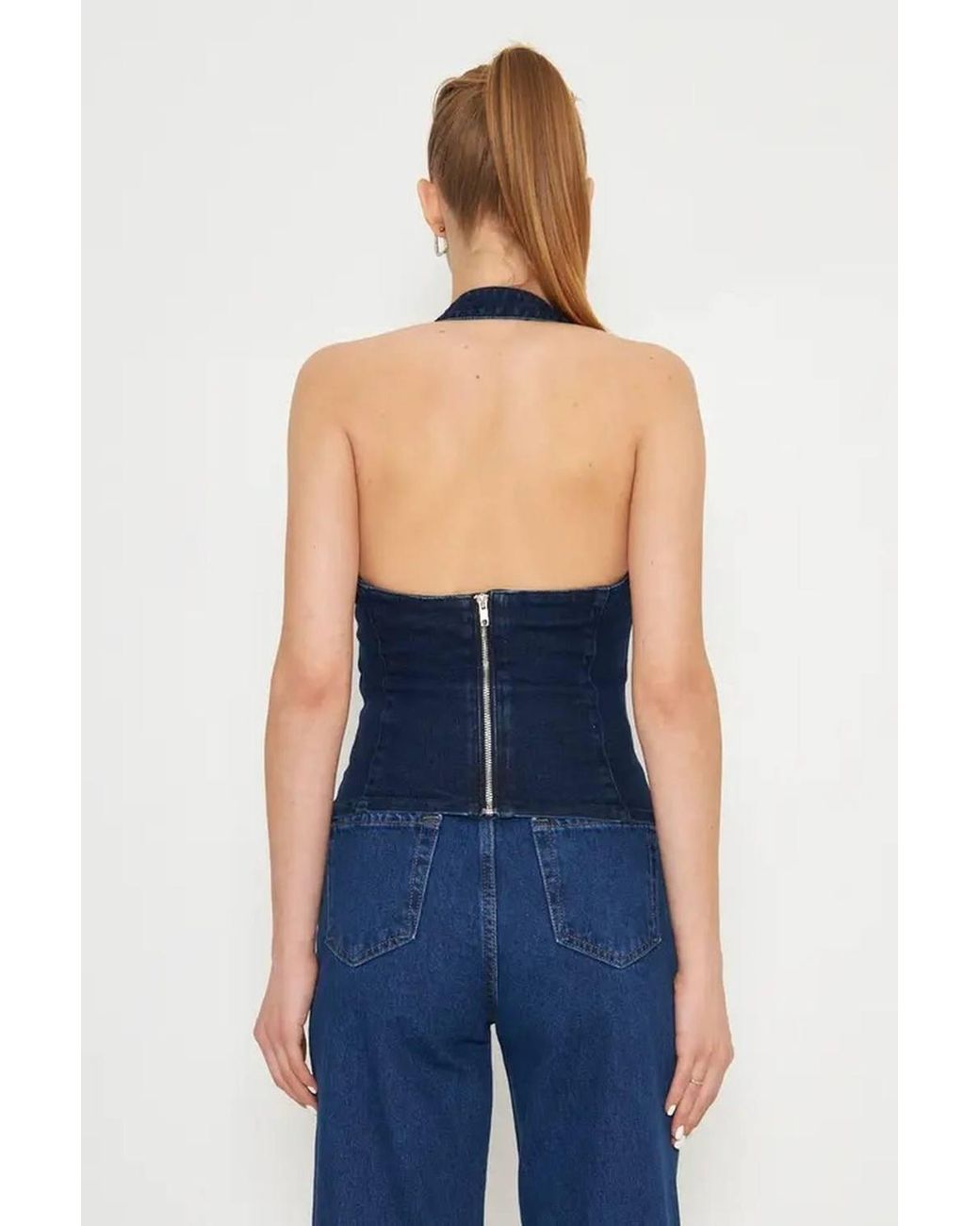 WOVCOR Blue Sleeveless Denim Halter Top W/ Buckle Strap Detail