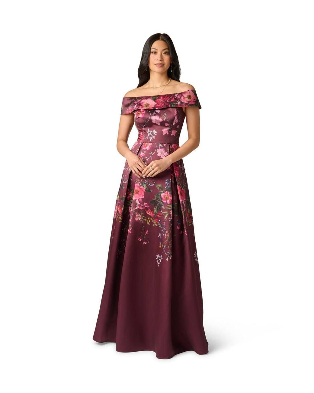 Adrianna Papell Purple Shoulder Printed Gown Dress