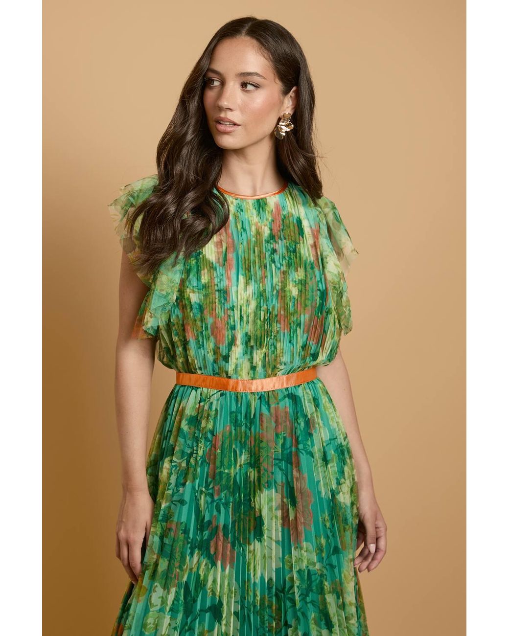 Oasis Green Printed Pleated Mesh Midi Dress With Flutter Sleeve