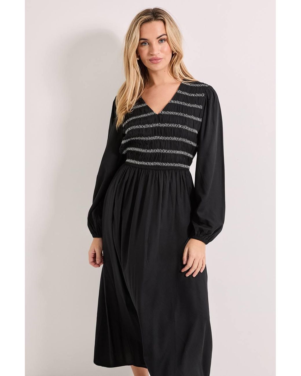 Dorothy Perkins Black Contrast Stitching Shirred Bodice V Neck Midi Dress