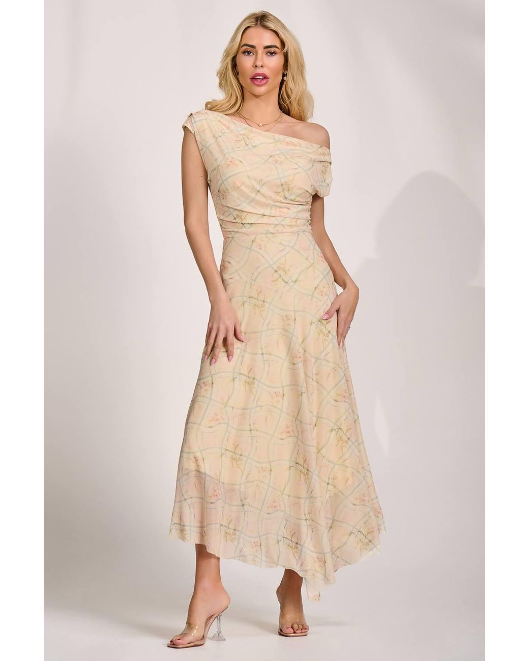 Jolie Moi Natural Asymmetric Draped Mesh Maxi Dress