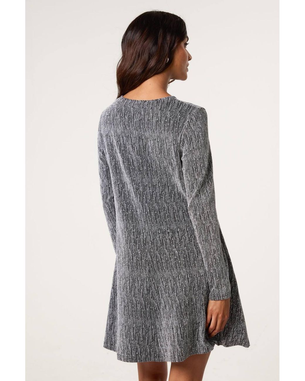 Blue Vanilla Gray Long Sleeve Slip On Round Neck Mini Dress