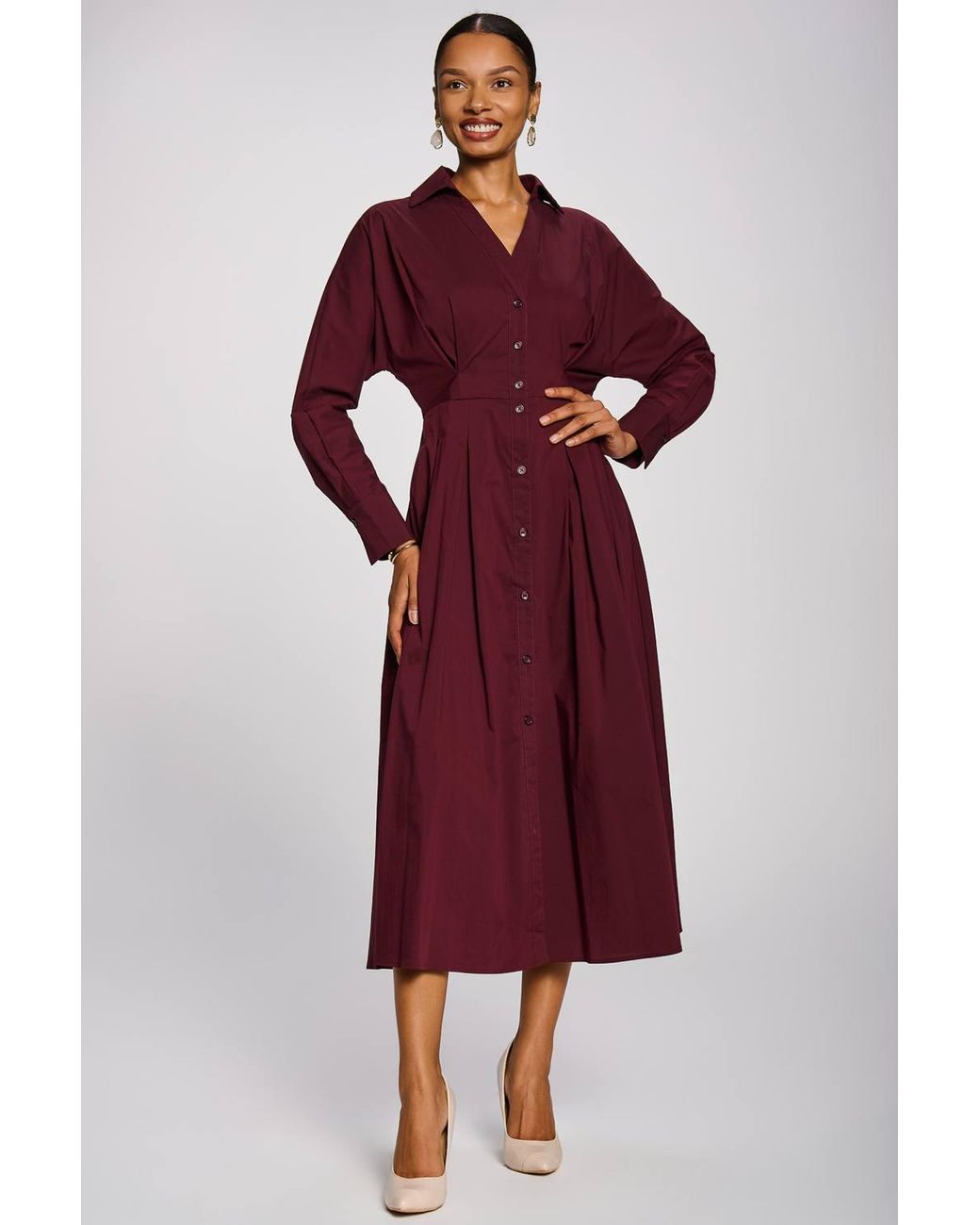 Jolie Moi Red Long Sleeve Cotton Shirt Dress