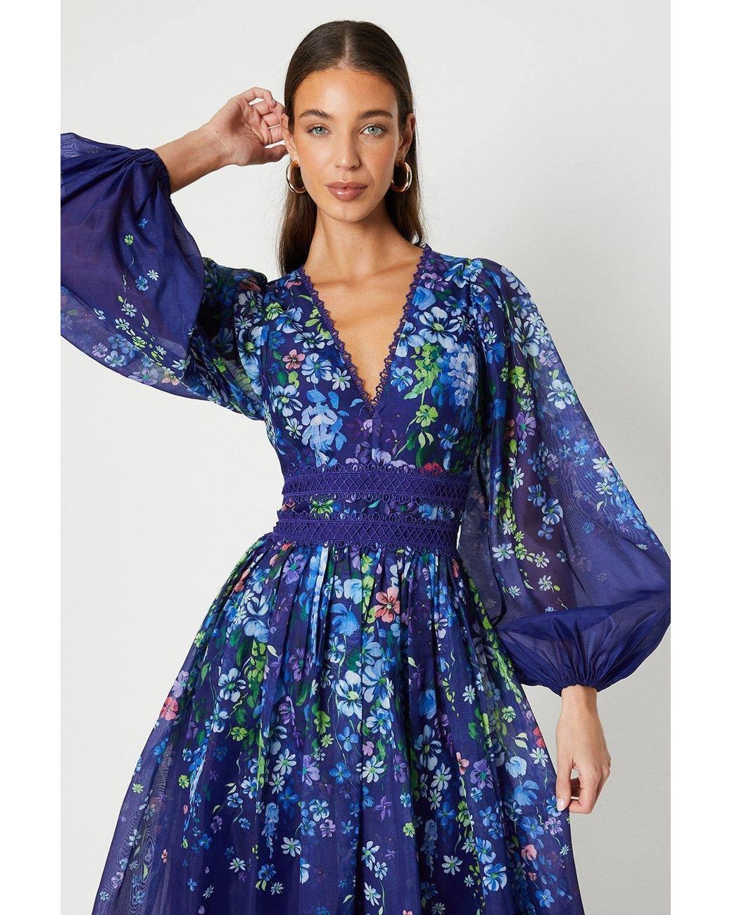 Coast Blue Organza Floral Placement Lace Trim Midaxi Dress