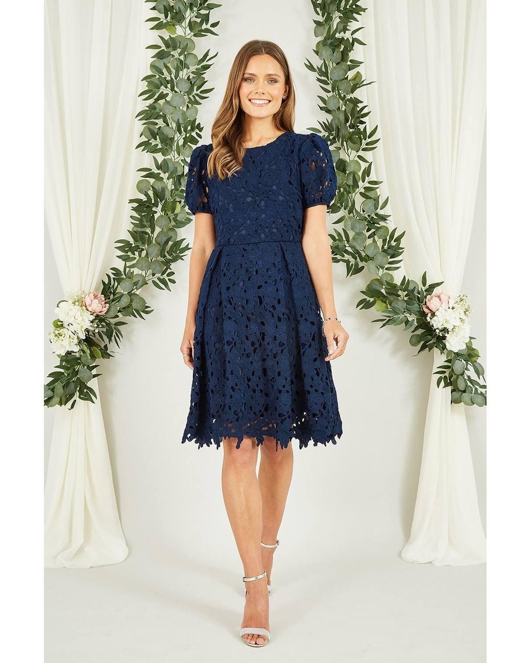 Yumi' Blue Lace Skater Dress W/ Puff Sleeves