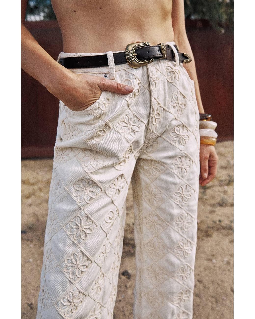 Nasty Gal Gray Embroidered Flower Straight Leg Denim Jeans