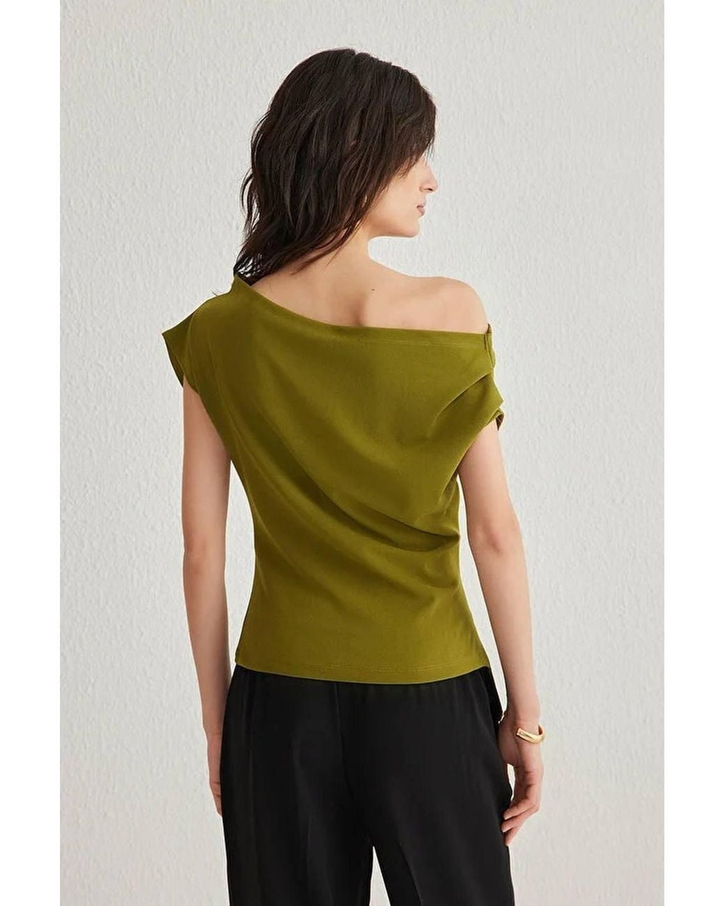WOVCOR Green Draped Bardot Neck Ruched Detail Sleeveless Top