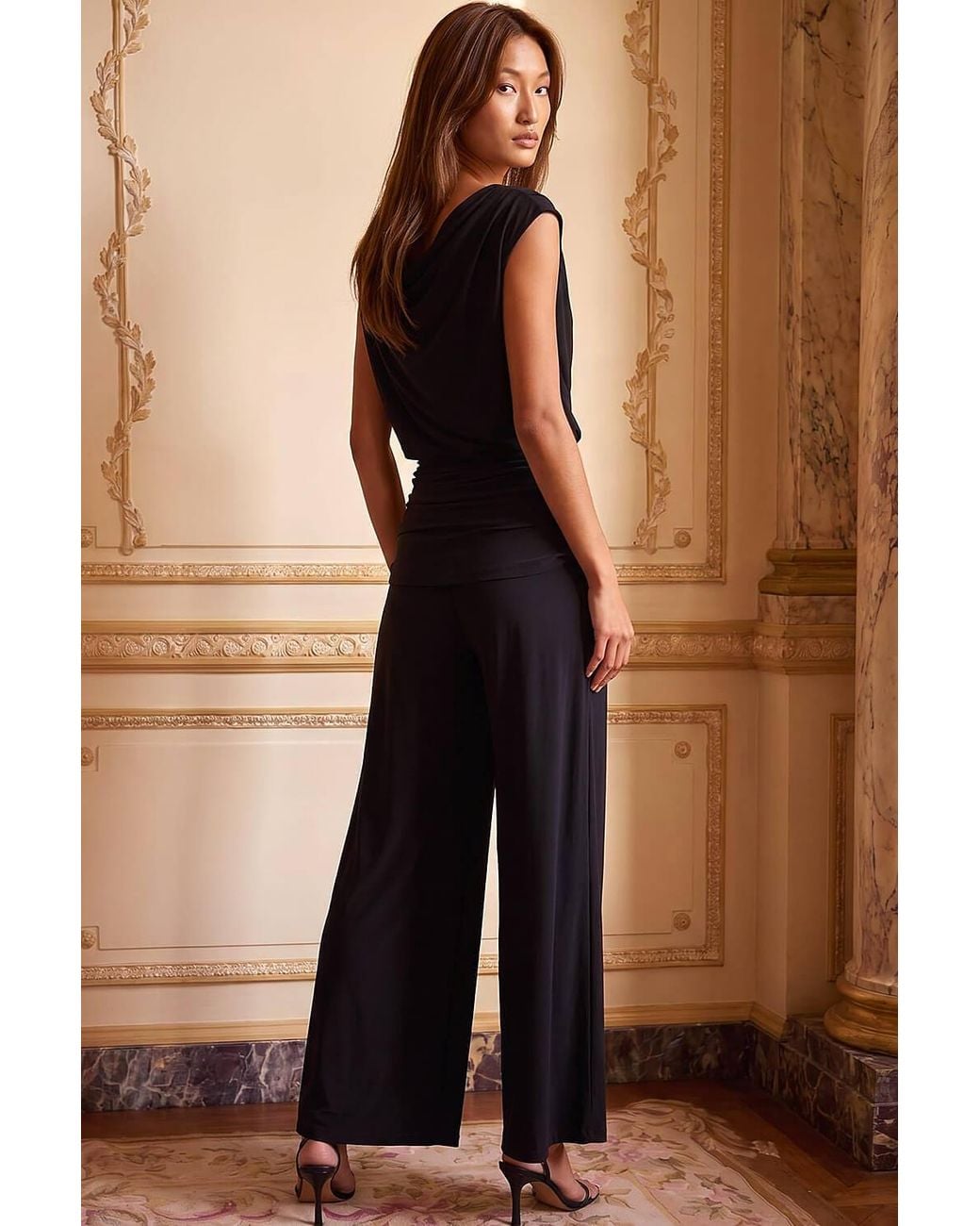 Roman Black Cowl Neck Ruched Stretch Jumpsuit
