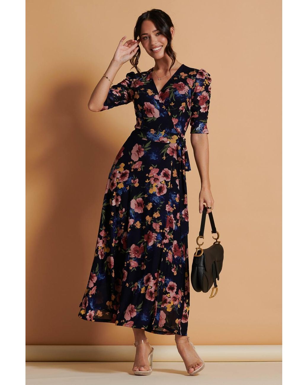 Jolie Moi Blue Qaliyah Wrap Front Mesh Maxi Dress