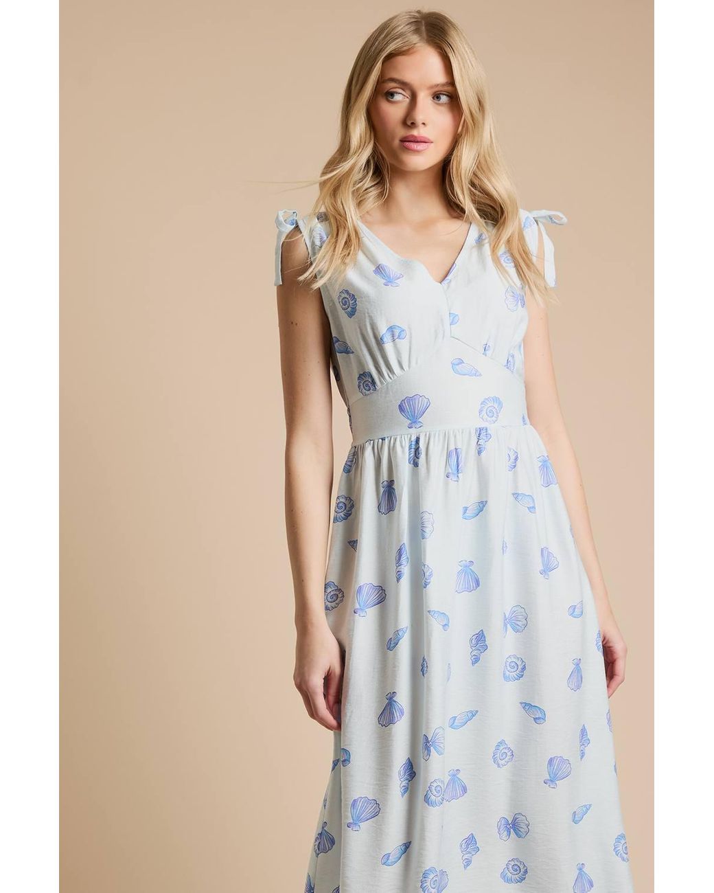 Dorothy Perkins Blue Shell Drawstring Shoulder V Neck Midi Dress