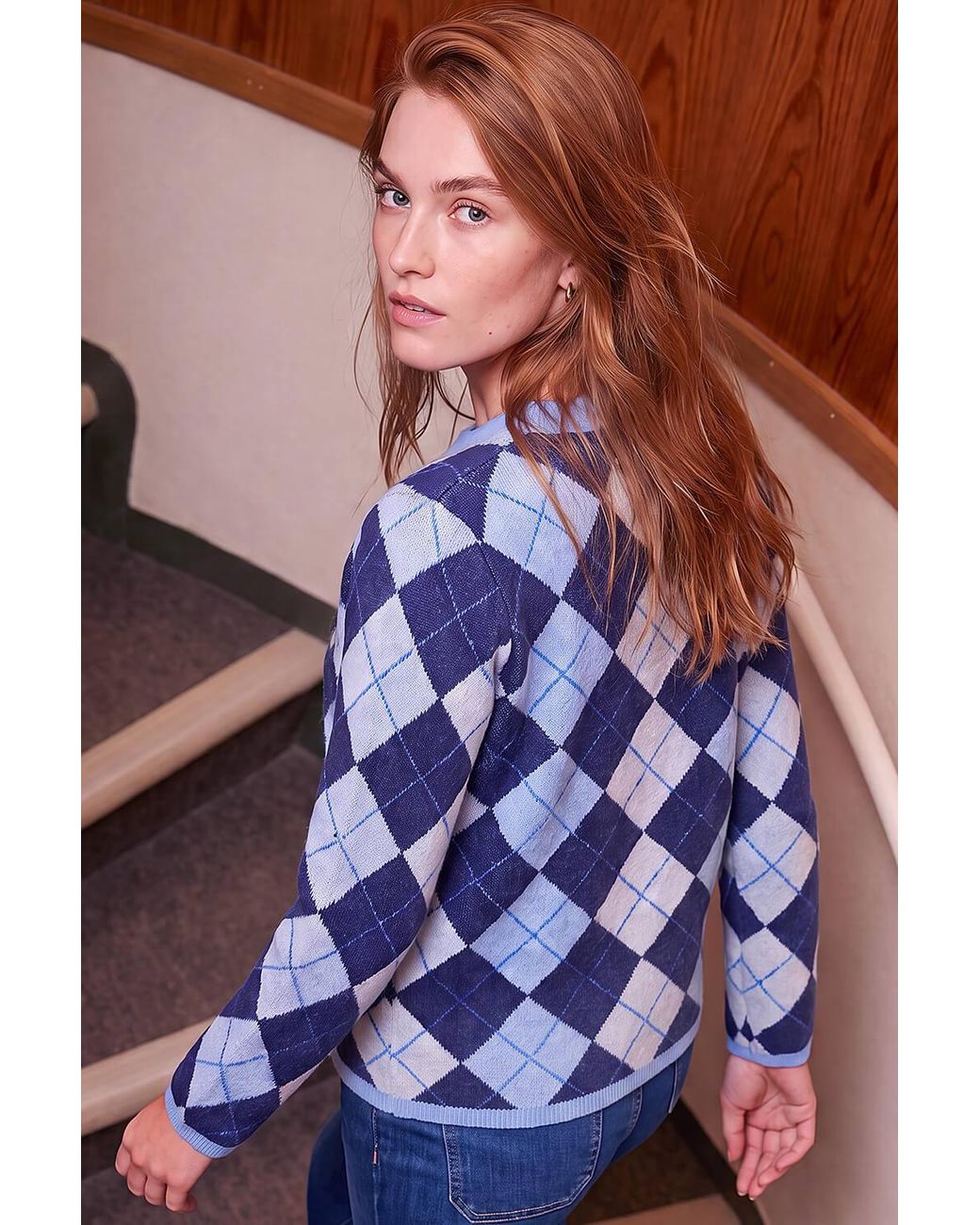Roman Blue Argyle Buttoned Knit Cardigan