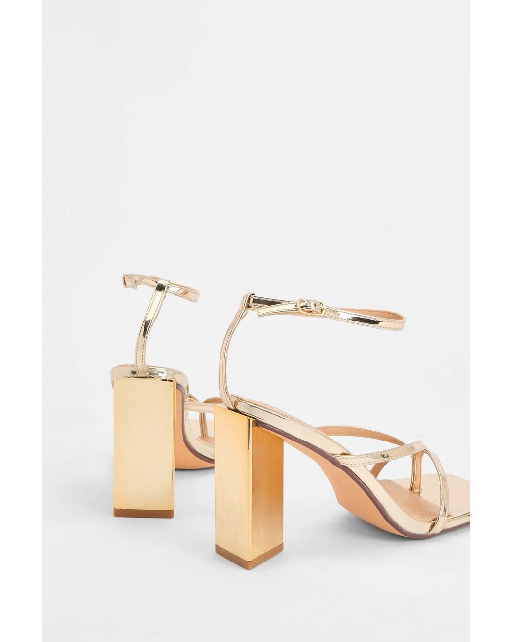 MissPap Brown Faux Metallic Leather Cross Strap Toe Post High Block Heel Sandals