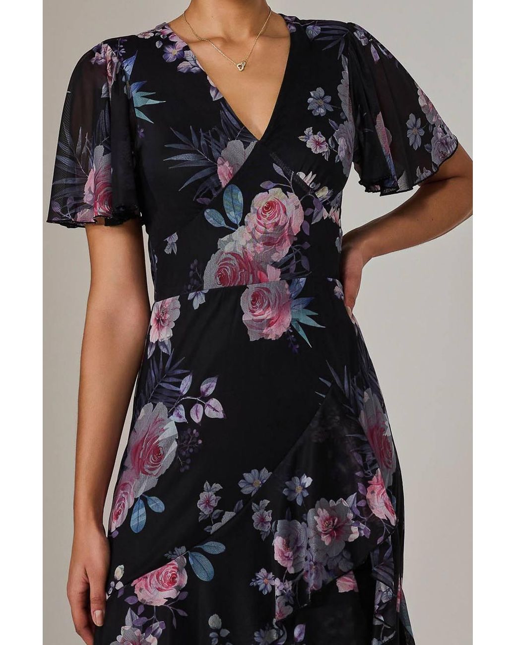 Jolie Moi Black Mesh Print Frill Hem Midaxi Dress