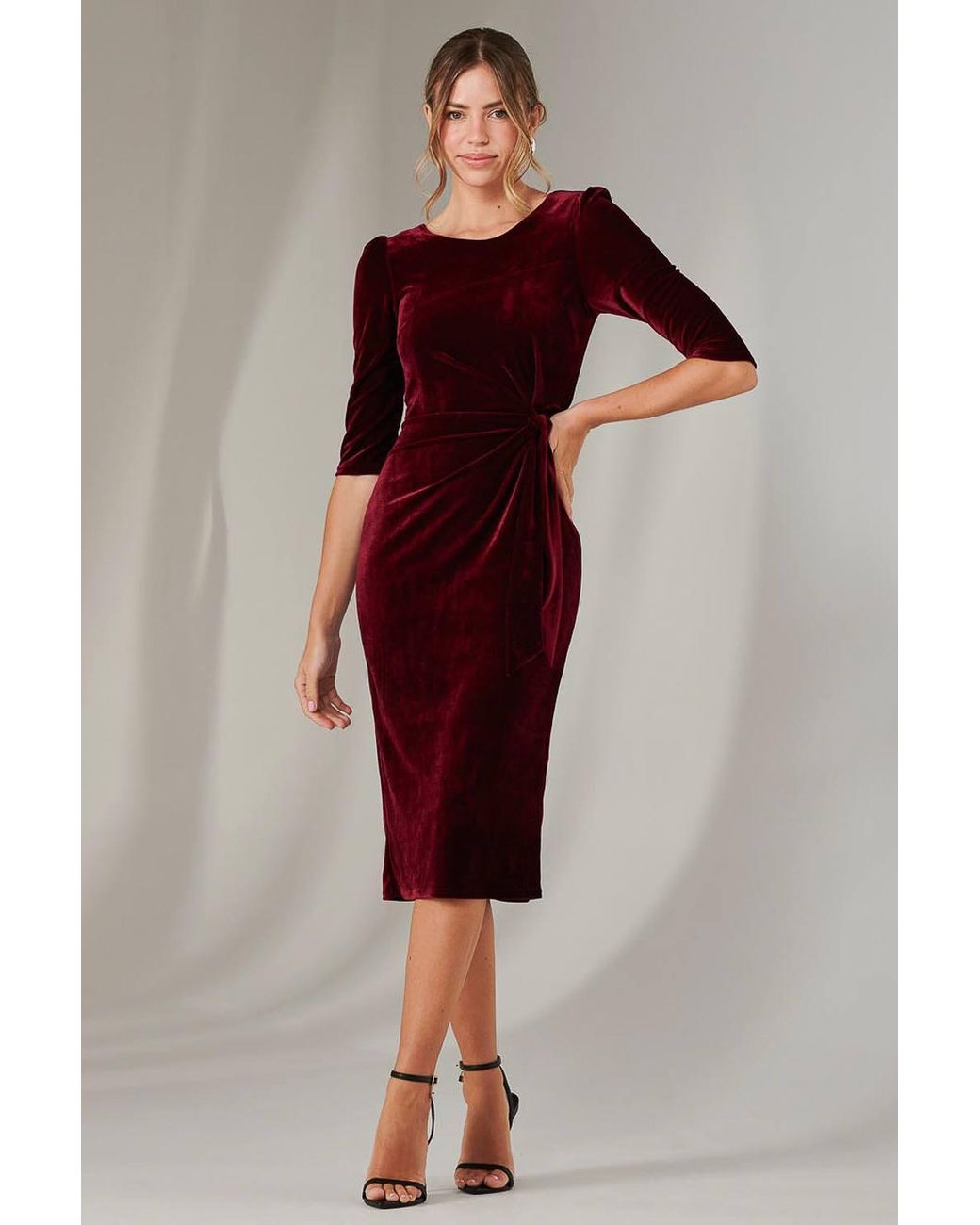 Jolie Moi Red Velvet Side Tie Midi Dress