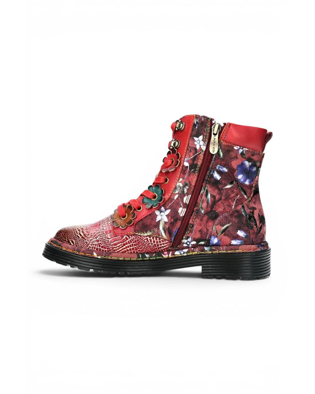 Infinity Leather Red Gothic Victorian Floral Leather Lace-Up Boots