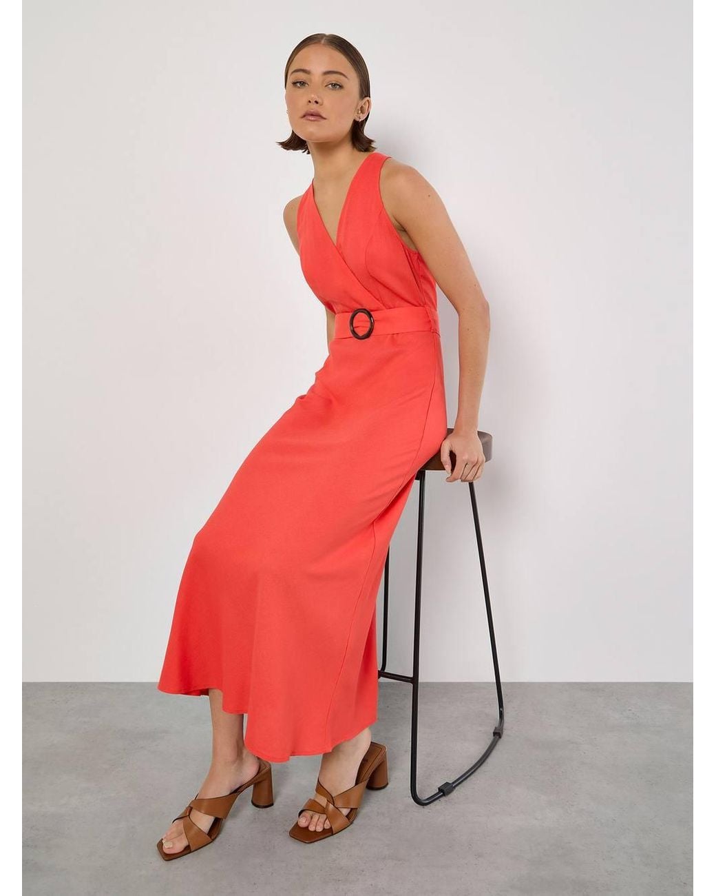 Apricot Red Linen Blend Wrap Midaxi Dress
