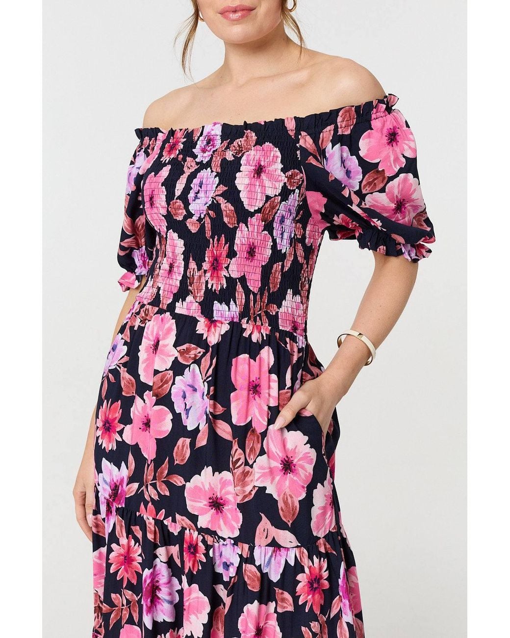 Izabel London White Floral Puff Sleeve Bardot Midi Dress
