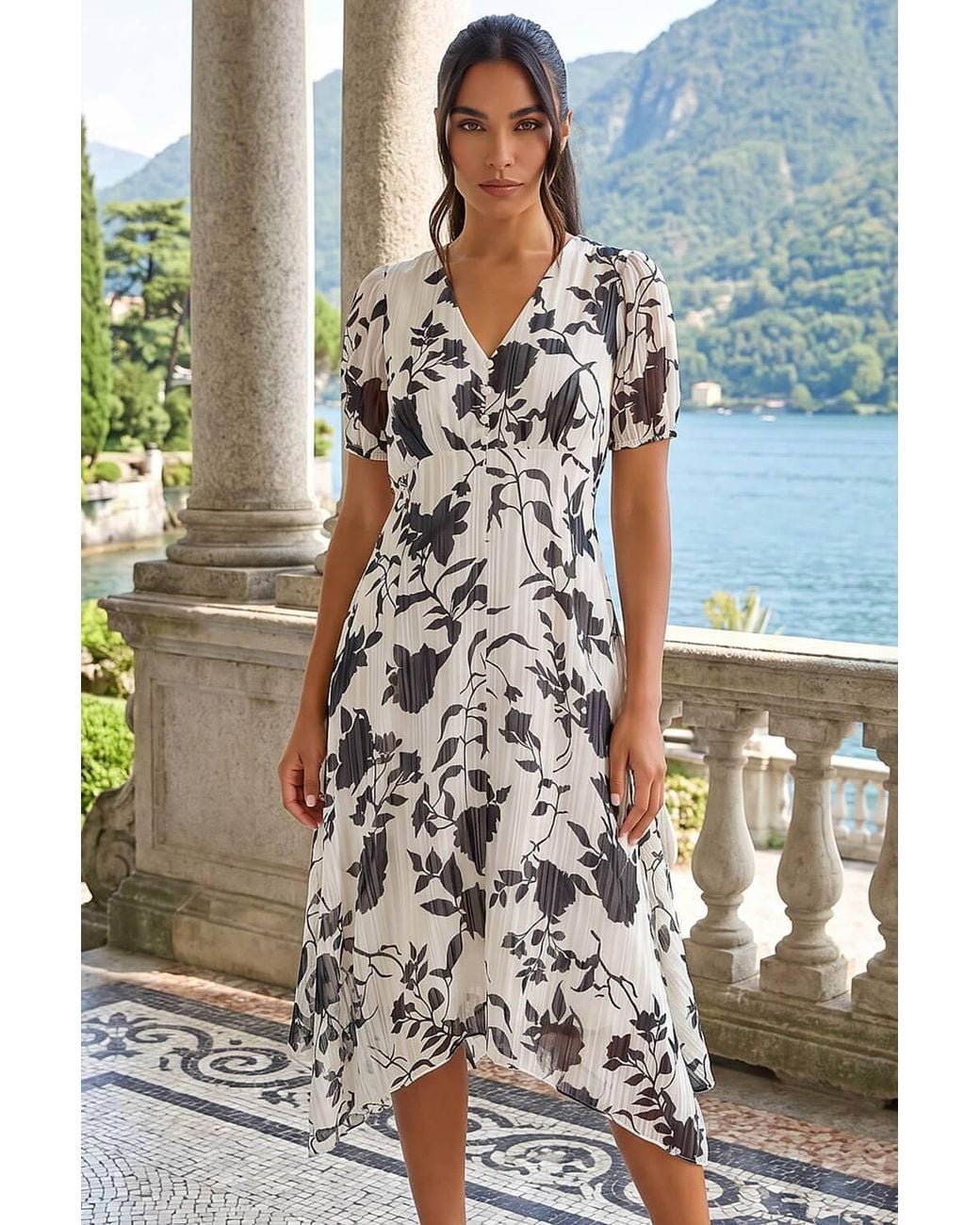 Roman White Floral Print Hanky Hem Midi Dress