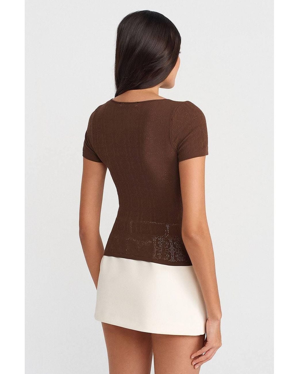 Dilvin Brown Slim Fit Ribbed Textured Blouse