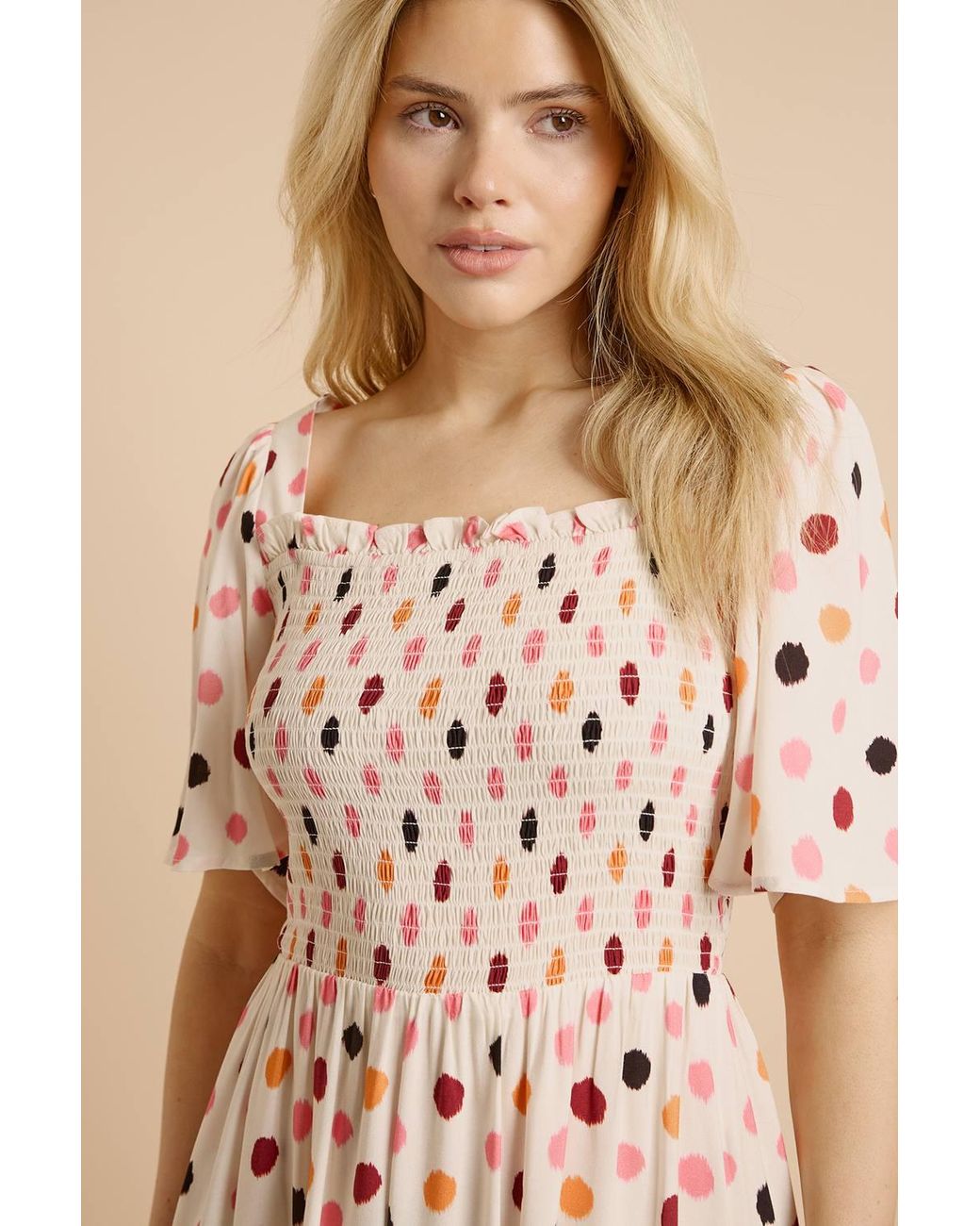 Dorothy Perkins Natural Spot Shirred Bodice Flutter Sleeve Midi Dress