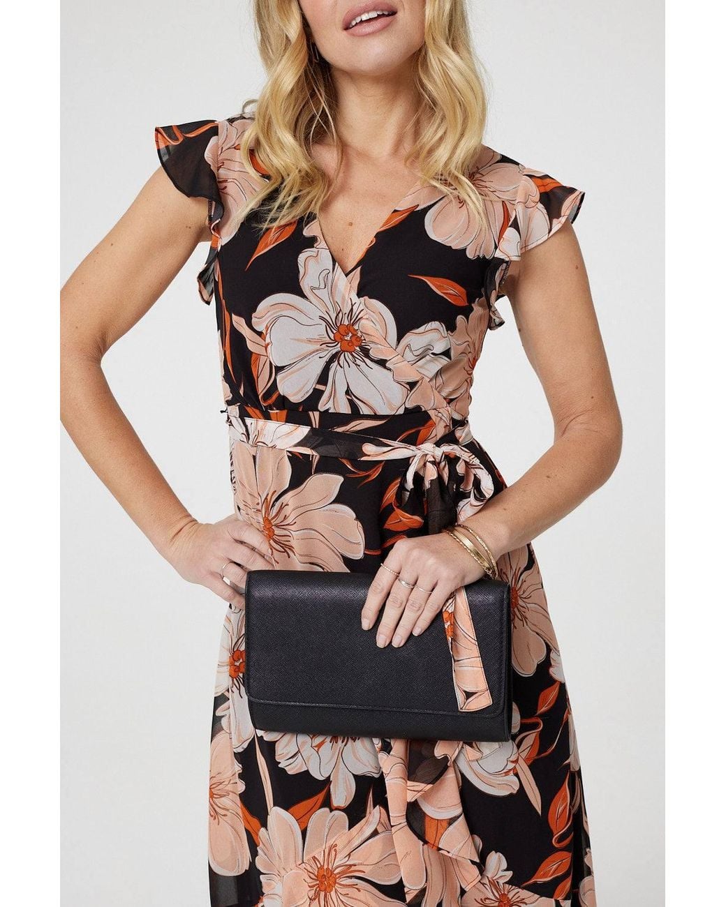 Izabel London Black Floral Frill Asymmetric Wrap Midi Dress