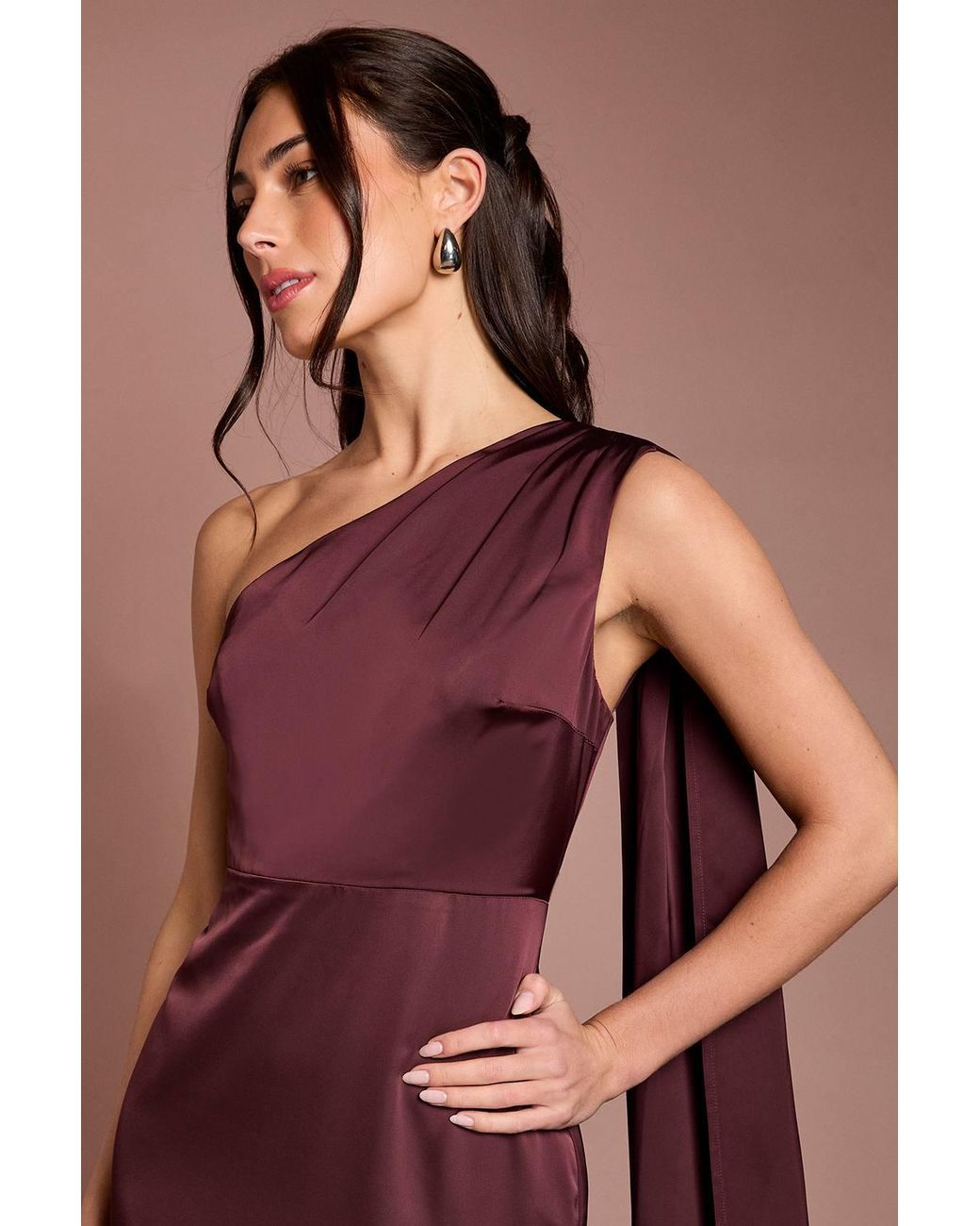 Coast Brown Honoured Petite Drape One Shoulder Satin Maxi Bridesmaid Dress
