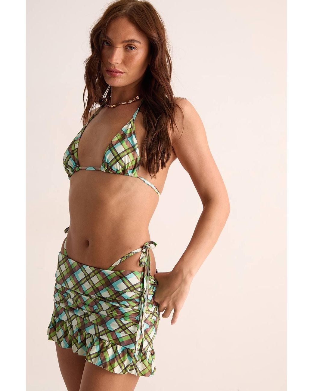 Nasty Gal Green Check Triangle Bikini & Ruffle Skirt 3Pc Set