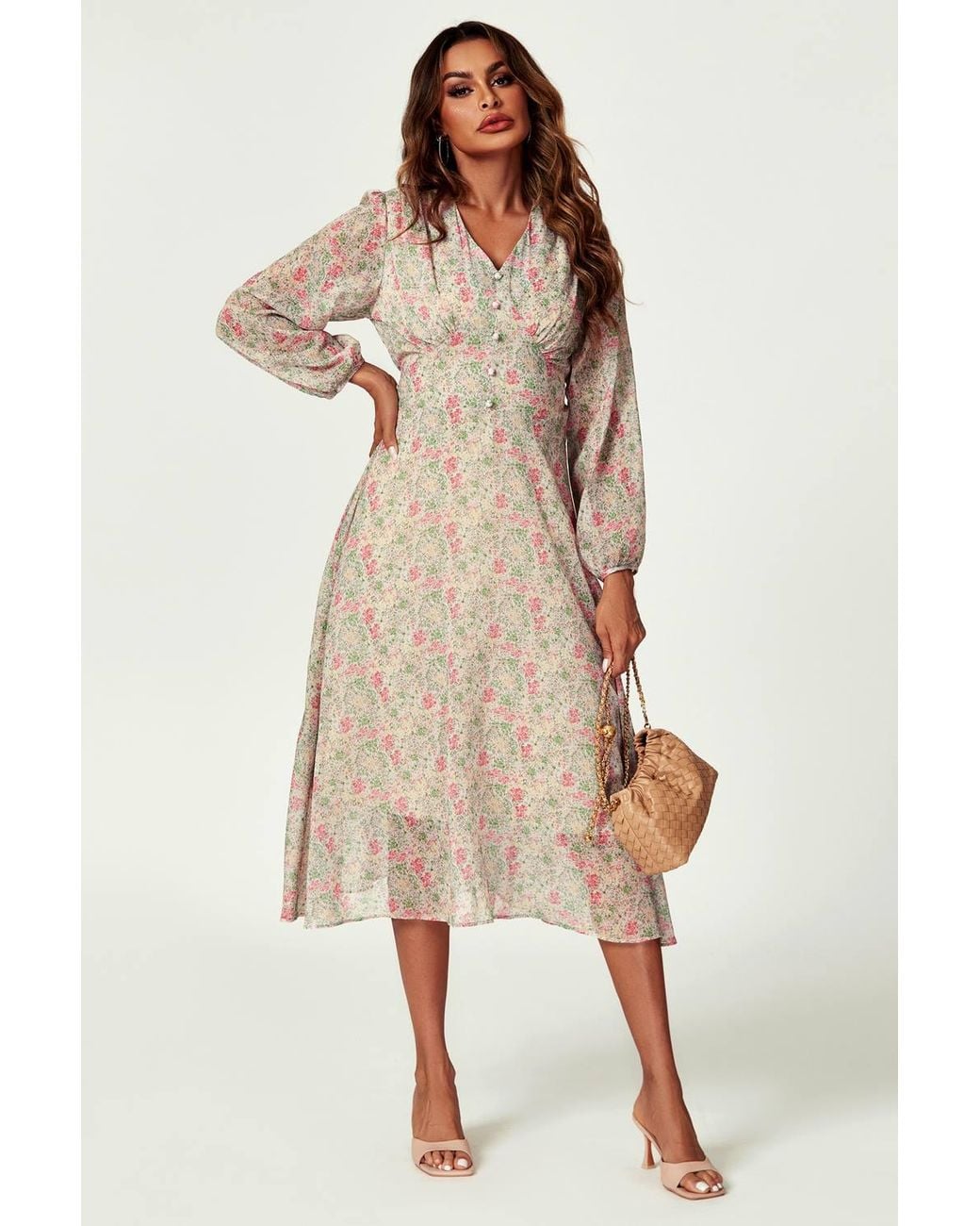 FS Collection Multicolor Floral Print Long Sleeve Midi Dress