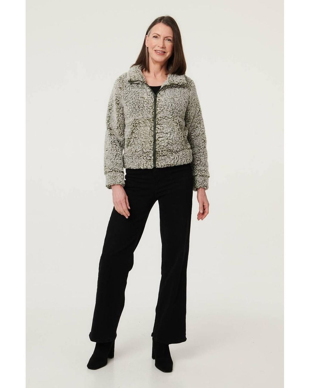 Izabel London Gray Teddy Textured Relaxed Zip-Up Jacket
