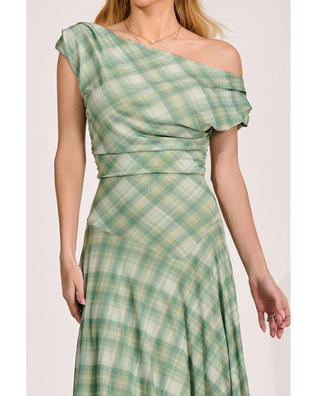 Jolie Moi Green Asymmetric Draped Mesh Maxi Dress