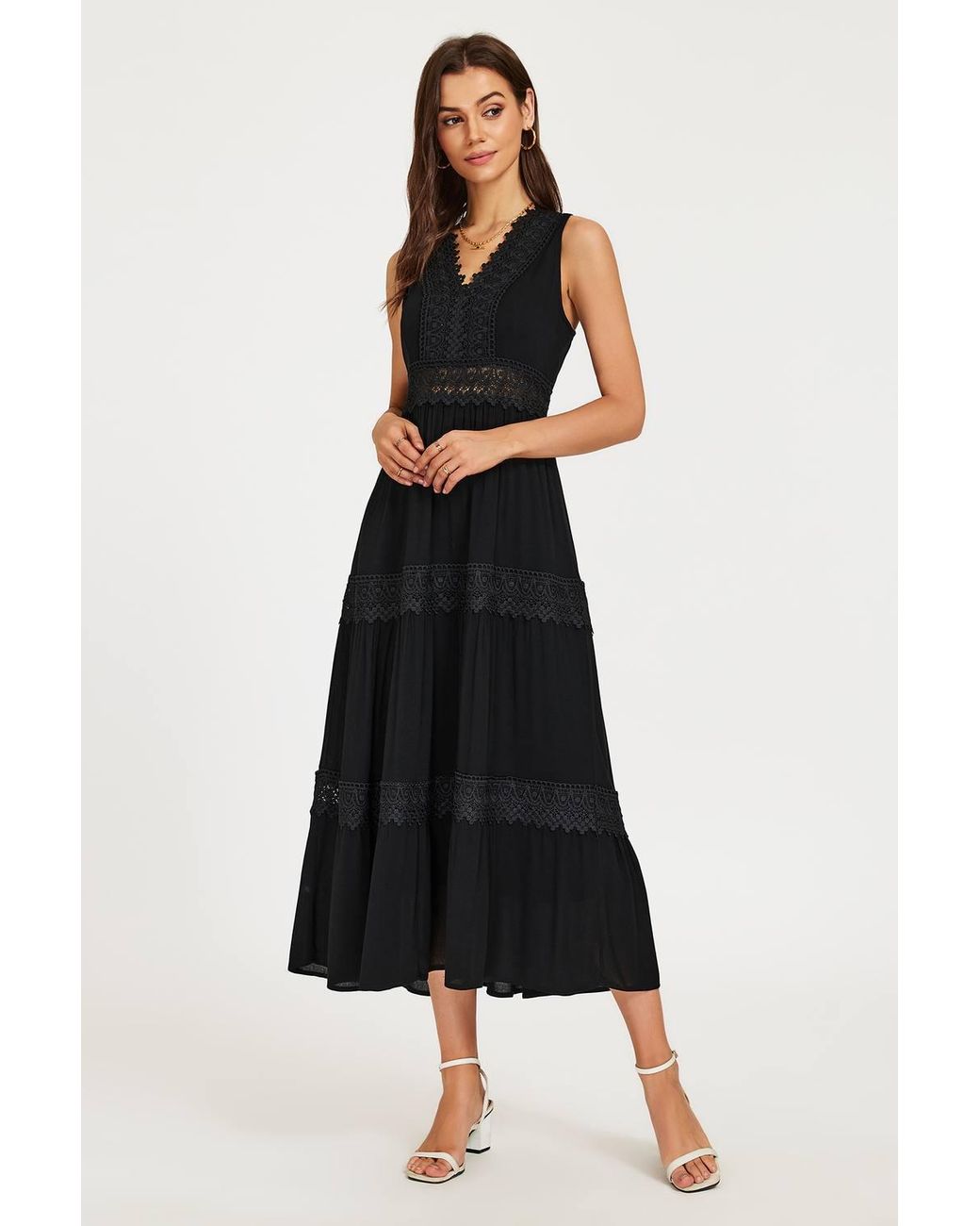 FS Collection Black Lace Trim V-Neck Tiered Sleeveless Midi Dress