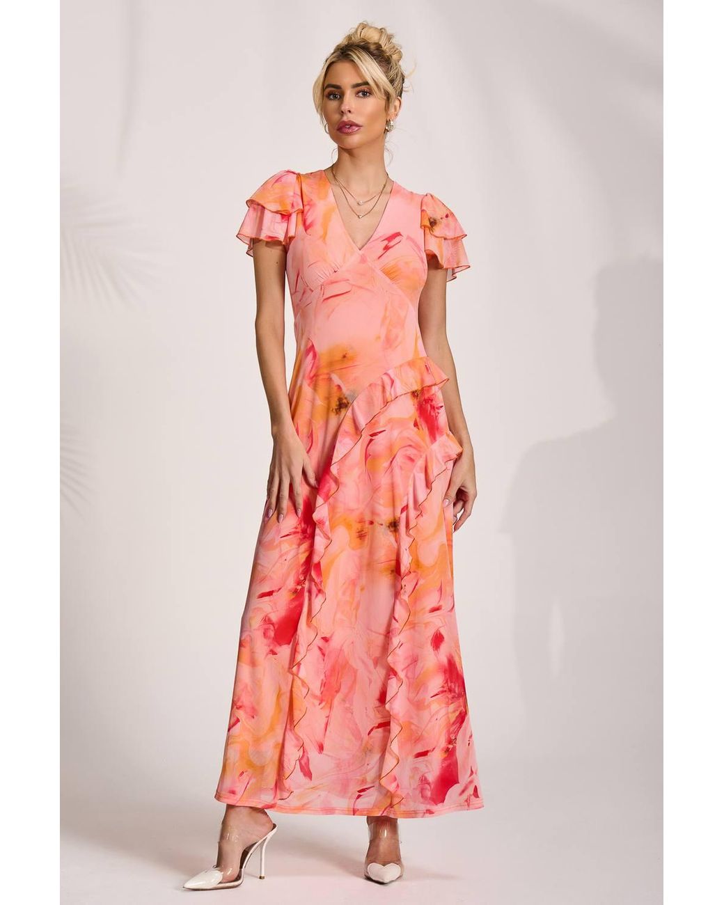 Jolie Moi Red Cap Sleeve Ruffle Mesh Maxi Dress