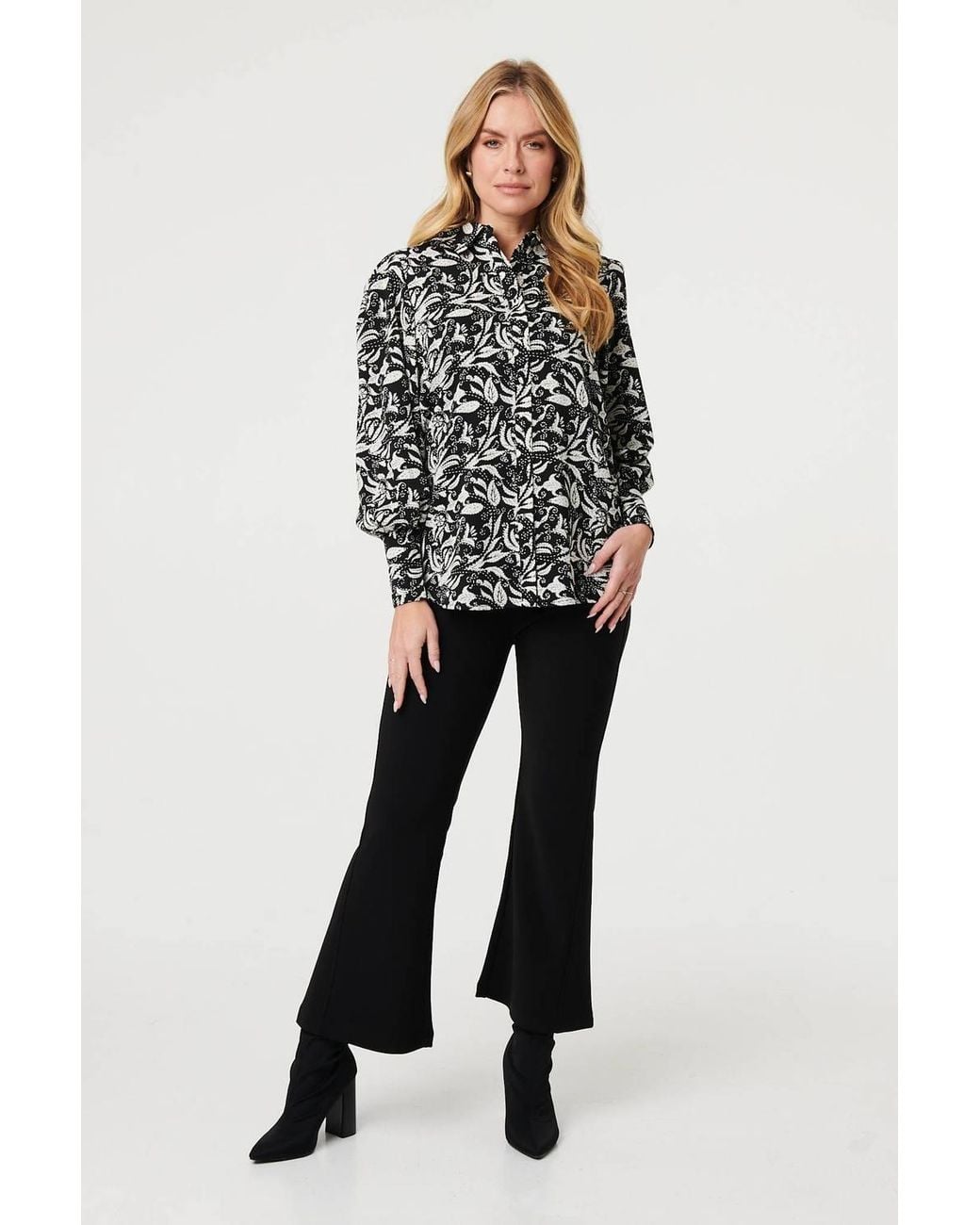Izabel London Black Leaf Print Long Balloon Sleeve Shirt