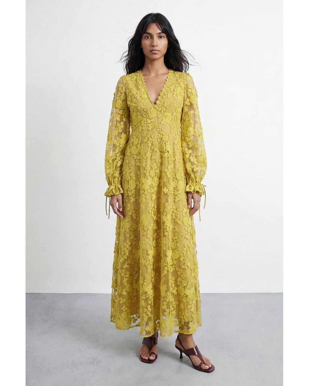 Warehouse Yellow Embroidered Organza Open Back Detail Maxi Dress
