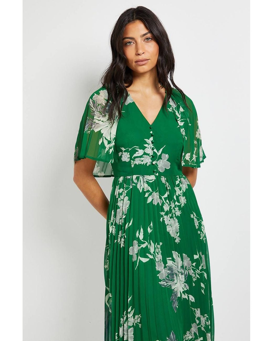 Wallis Green Pleated Cape Sleeve Midi Dress