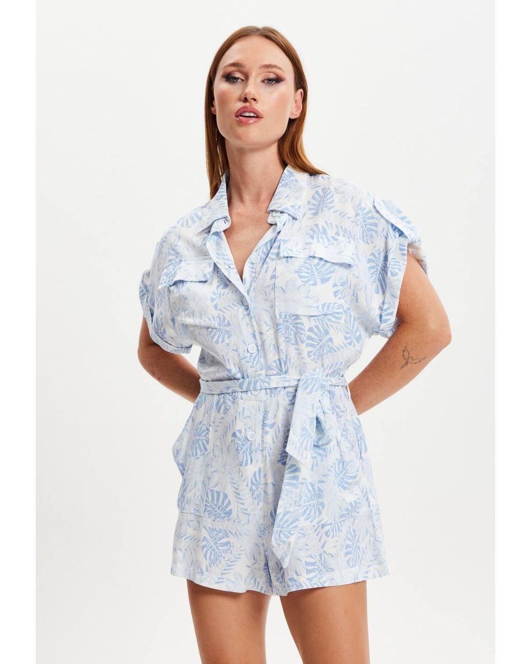 Liquorish White Leaf Printed Playsuit