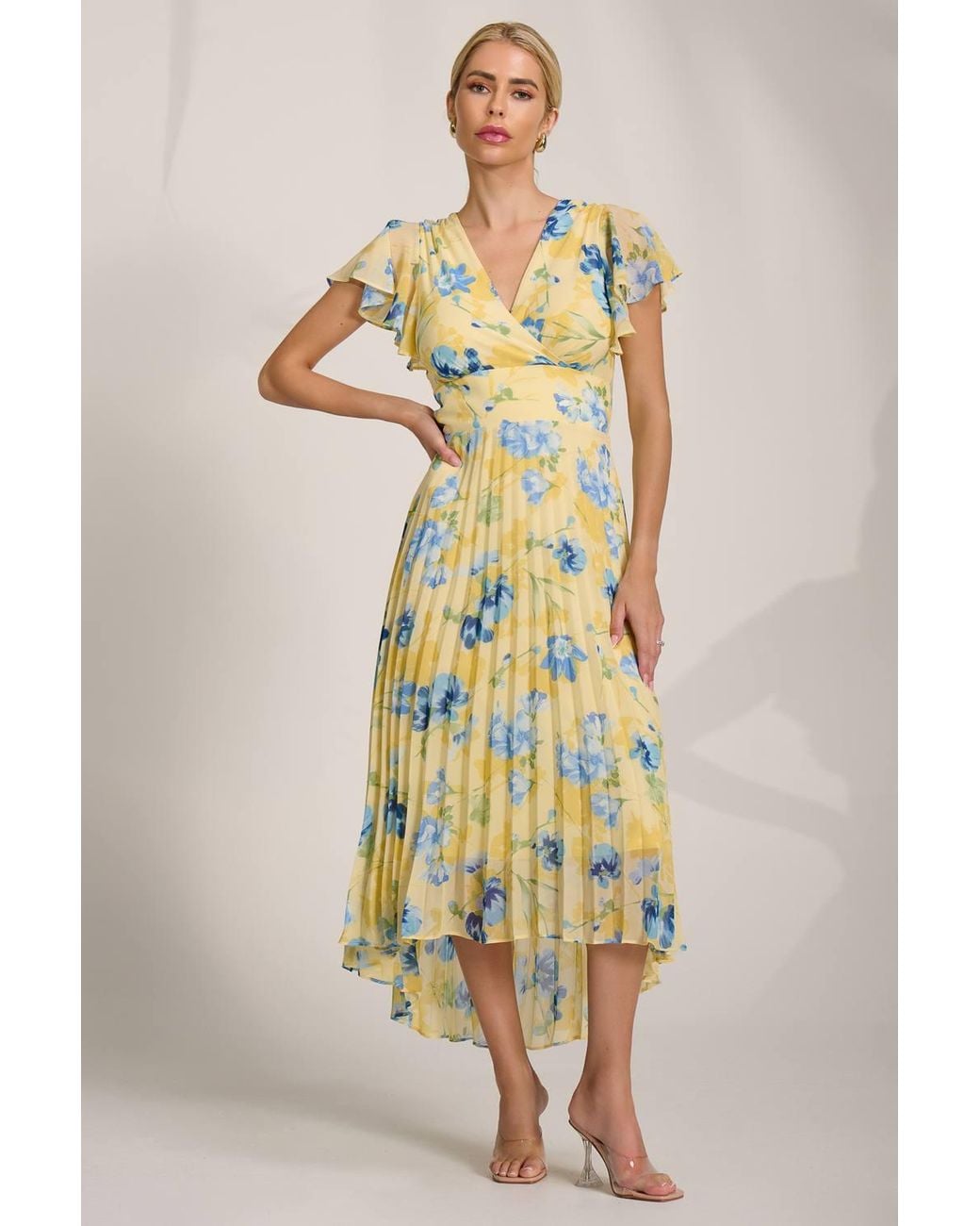 Jolie Moi Metallic Cap Sleeve Pleated Chiffon Maxi Dress