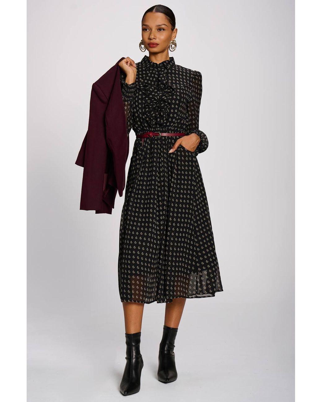 Jolie Moi Black Chiffon Print Ruffled Shirt Dress