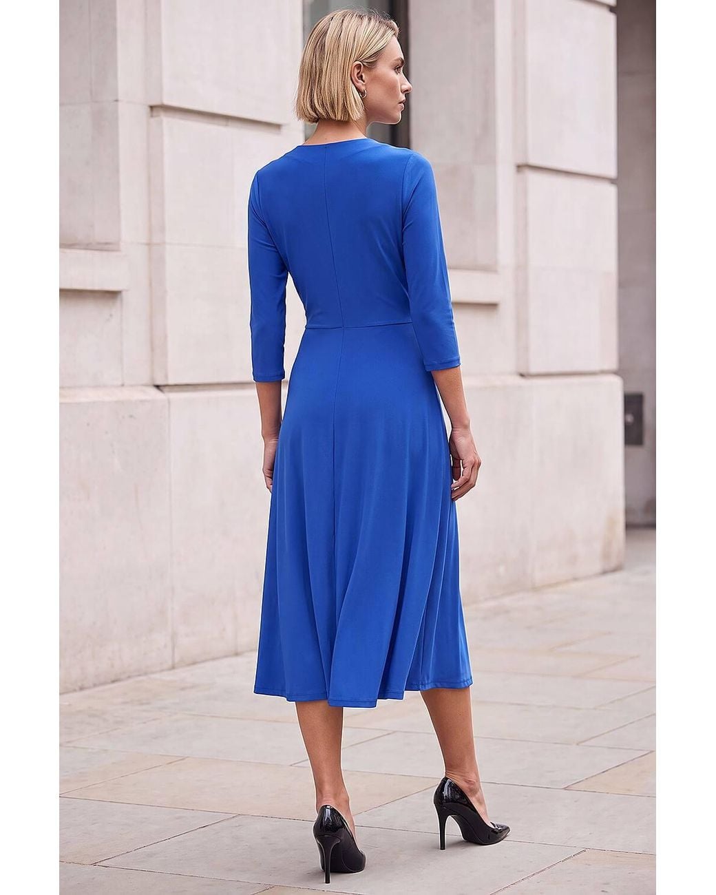 Roman Blue Stretch Crossover Midi Dress