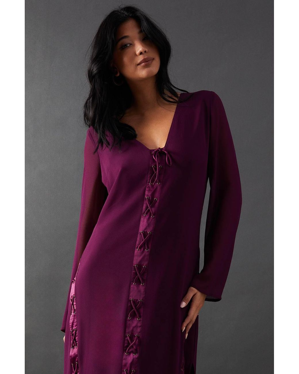Warehouse Gray Chiffon Lace Up Panelling Midi Dress