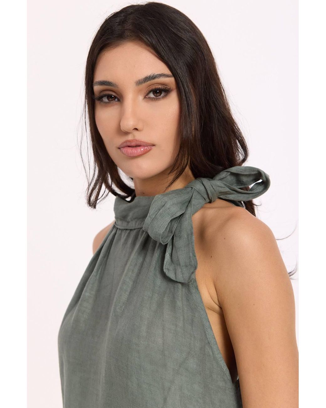 Liquorish Green Sage Linen Tie Neck Tiered Maxi Dress