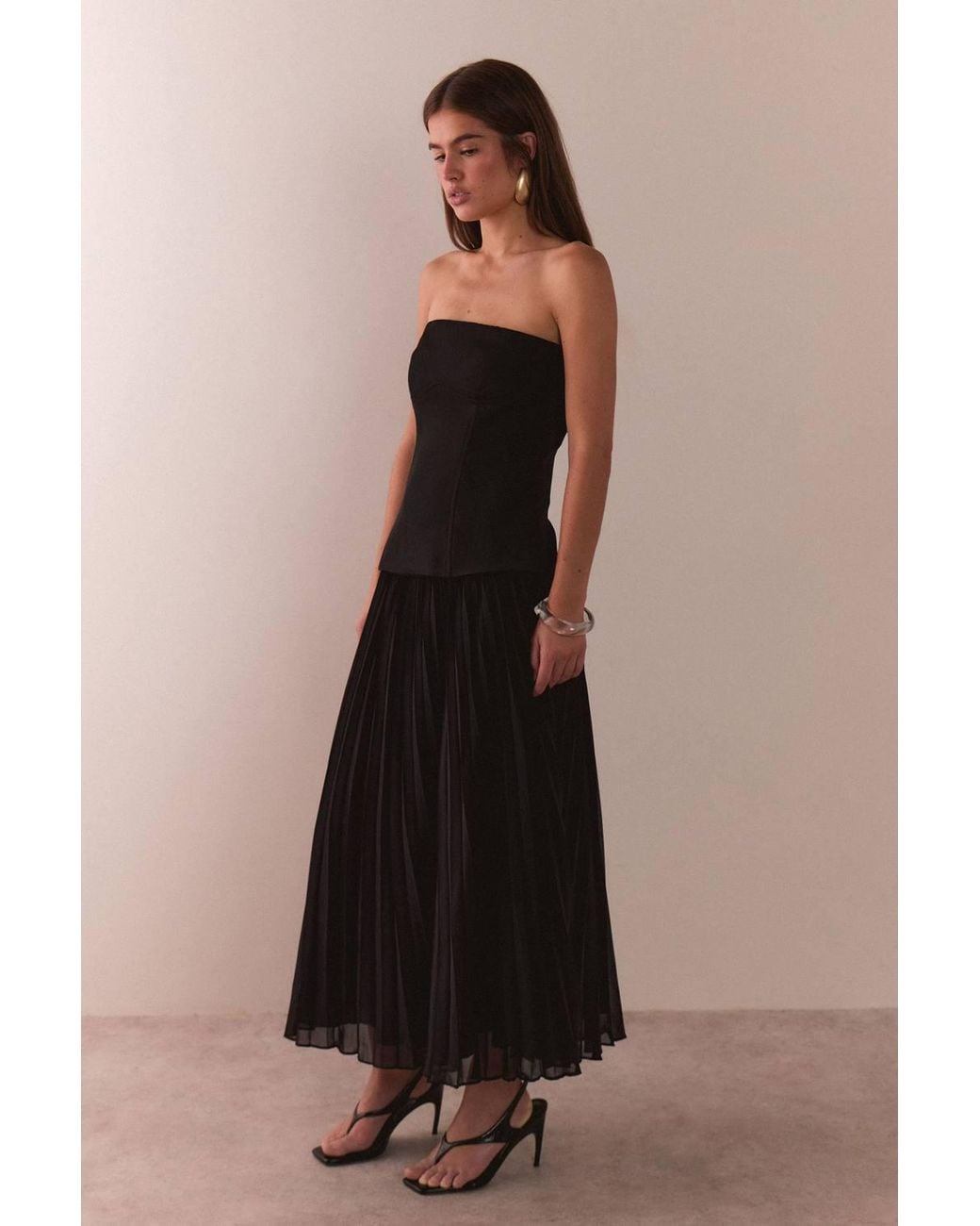 Warehouse Black Bandeau Bodice Pleated Chiffon Midi Dress