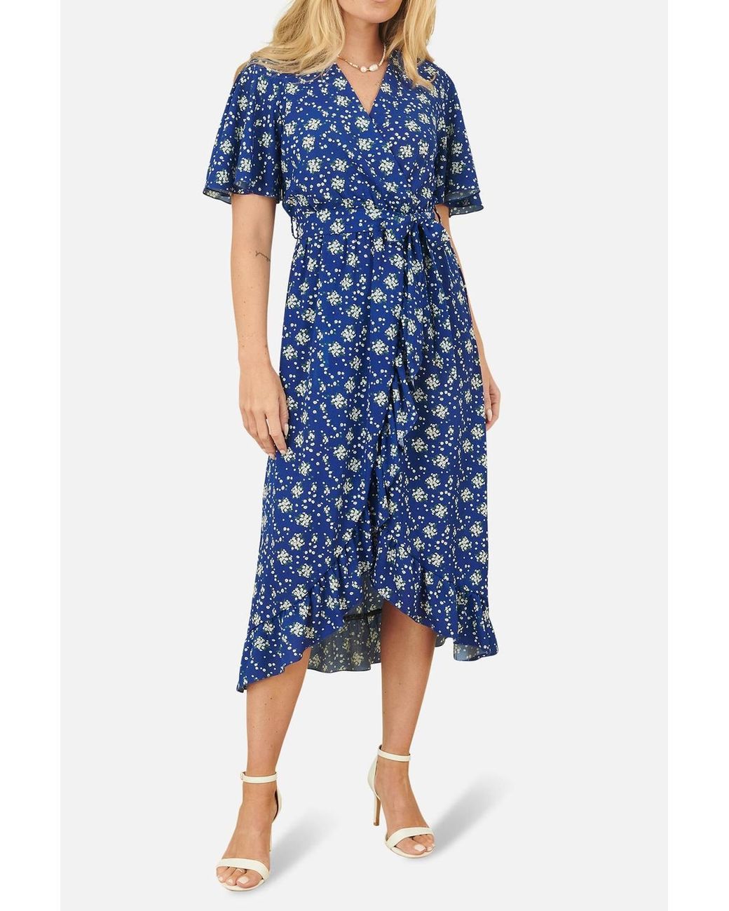 Yumi' Blue Floral Wrap Dress W/ Frill Hem