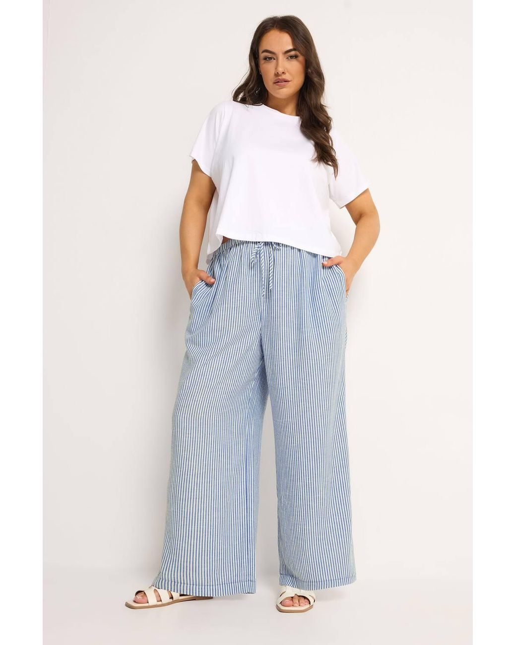 Yours Blue Stripe Linen Look Trousers