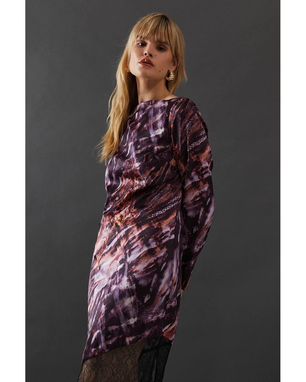 Warehouse Black Marble Satin Column Lace Panel Midi Dress