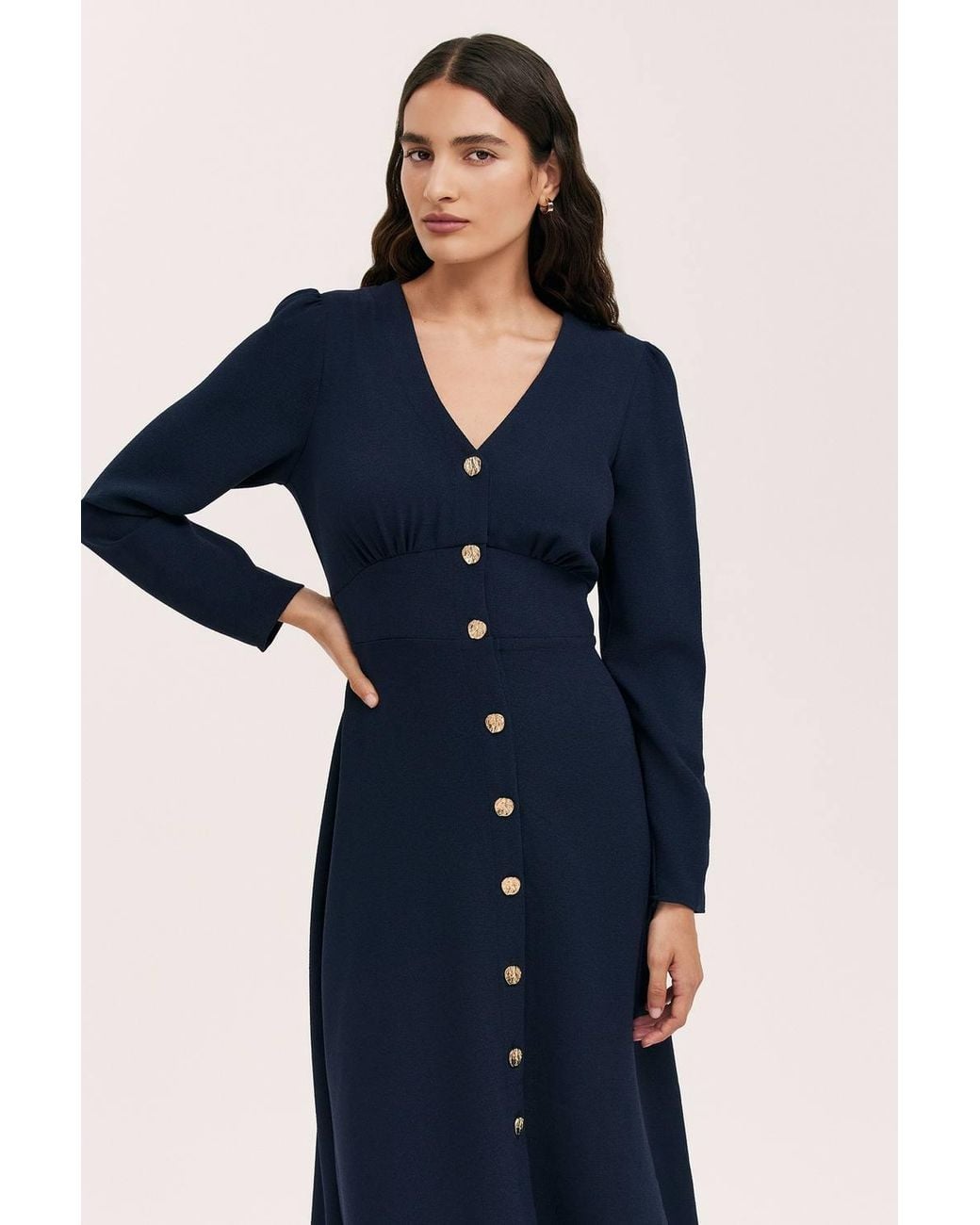 Finery London Blue Caprice Long Sleeve Crepe Midi Dress