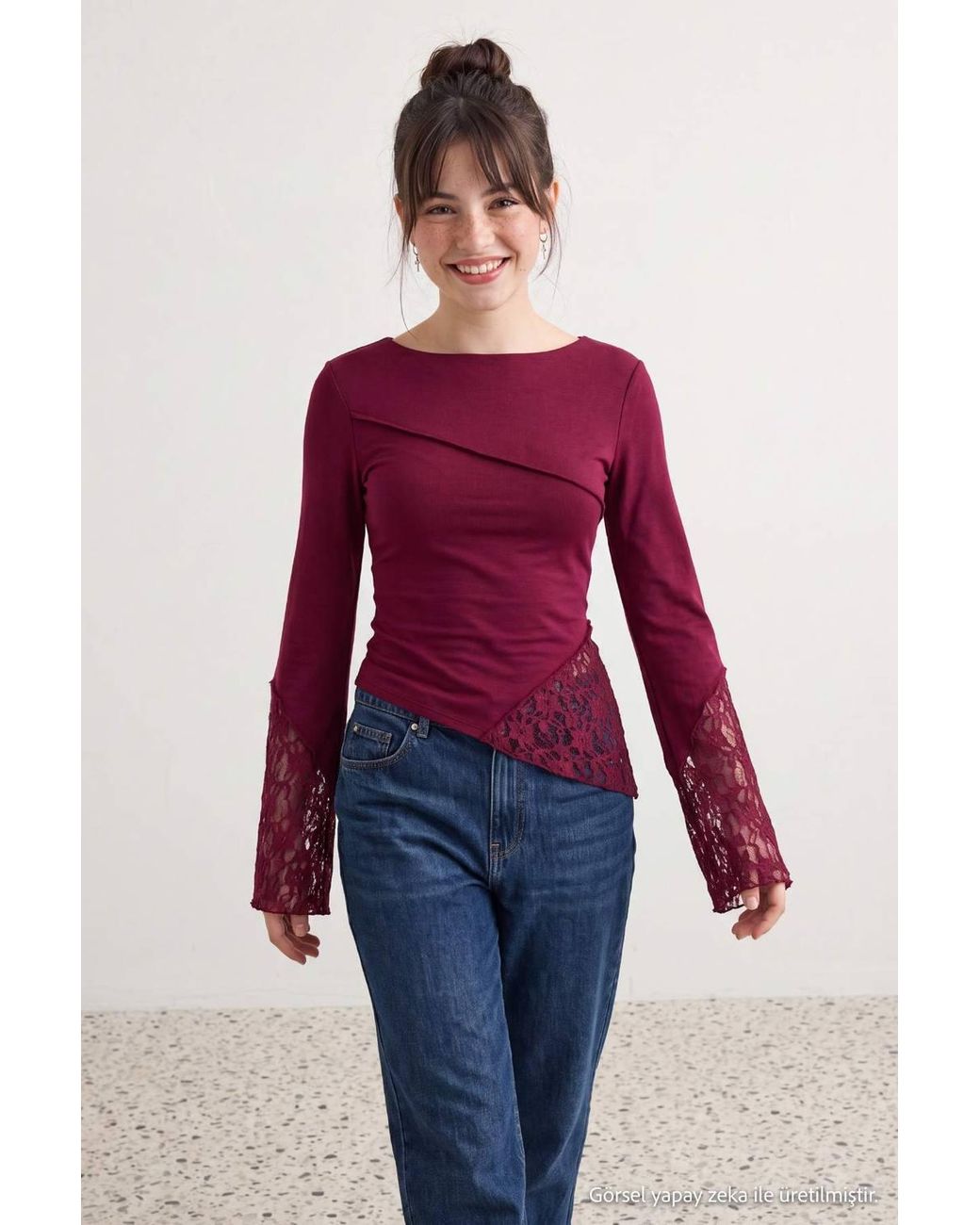WOVCOR Red Boat Neck Spanish Sleeve Lace Detail Fitted Blouse