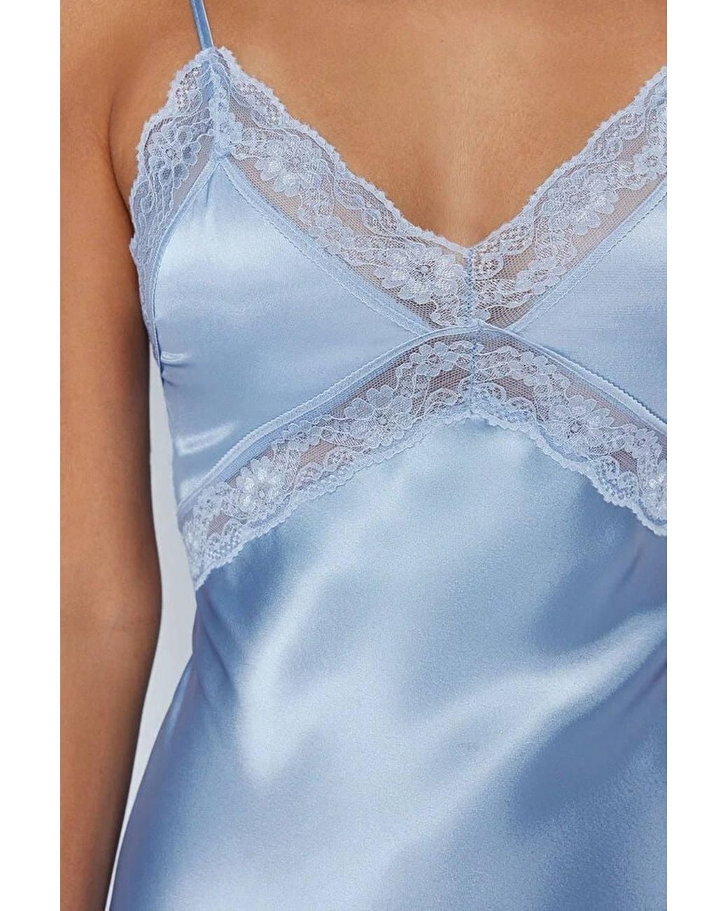 WOVCOR Blue Lace Trim V-Neck Satin Strappy Midi Nightdress