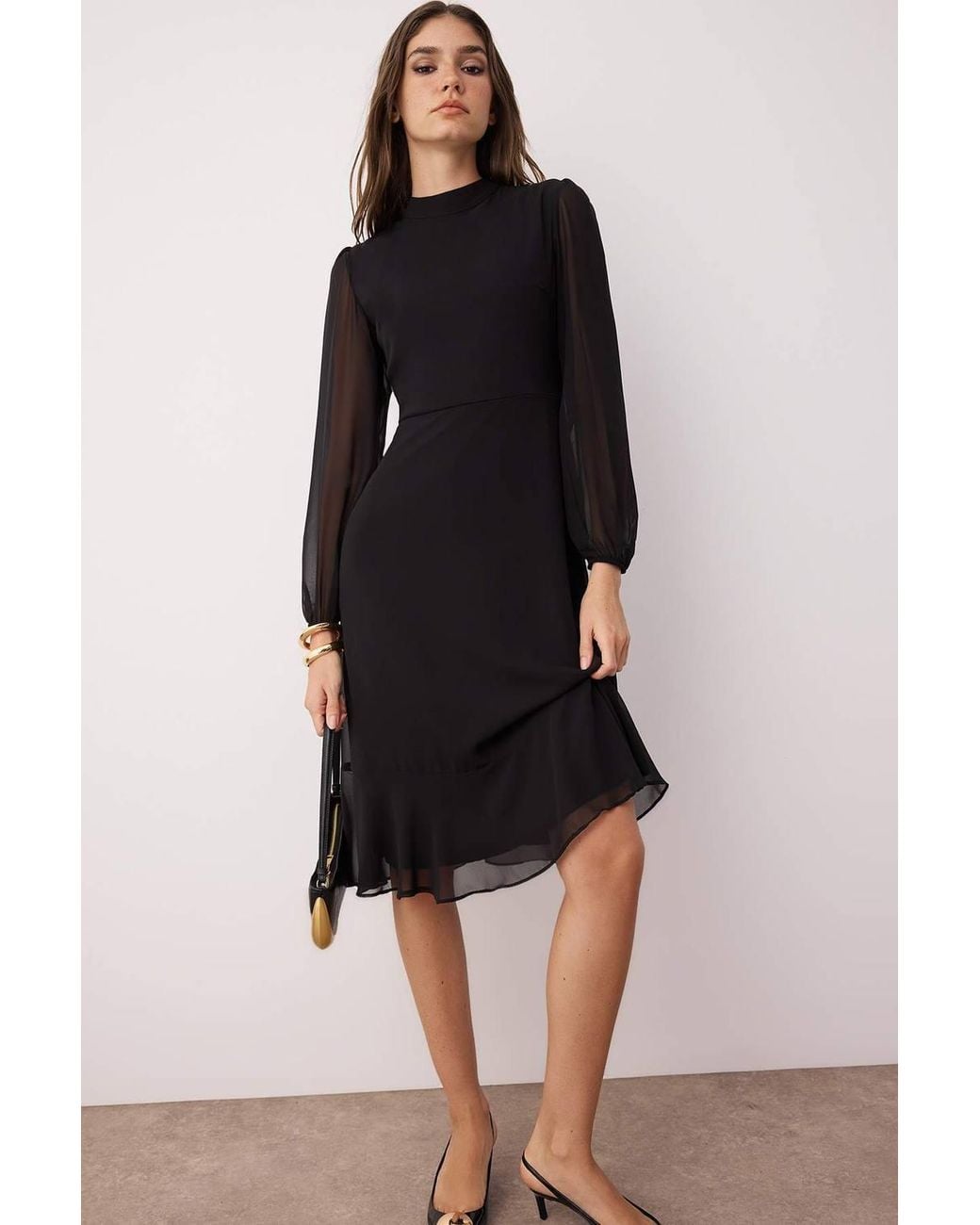 WOVCOR Black High Neck Long Sleeve A-Line Midi Dress