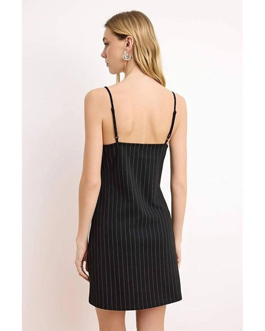 WOVCOR Black Pinstripe V Neck Mini A-Line Dress W/ Sleek Fit